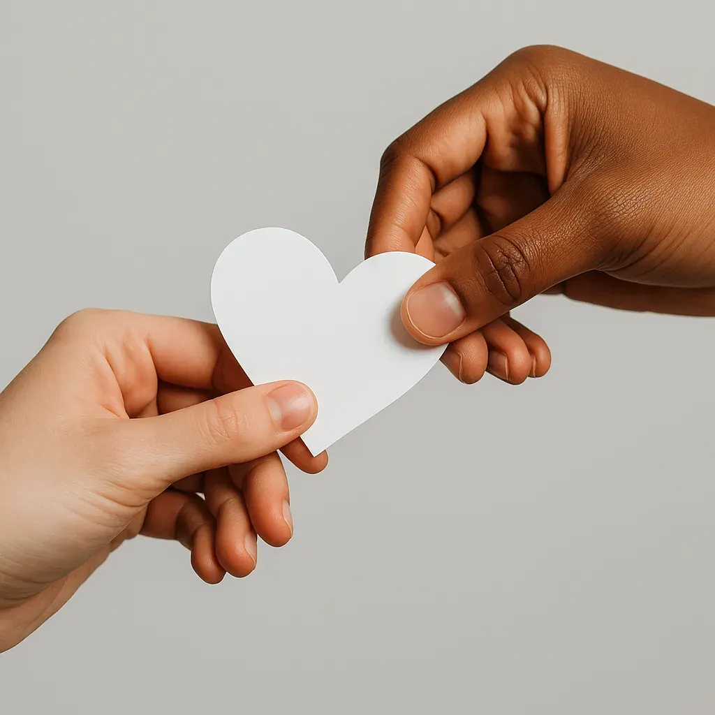 Two hands passing a paper heart